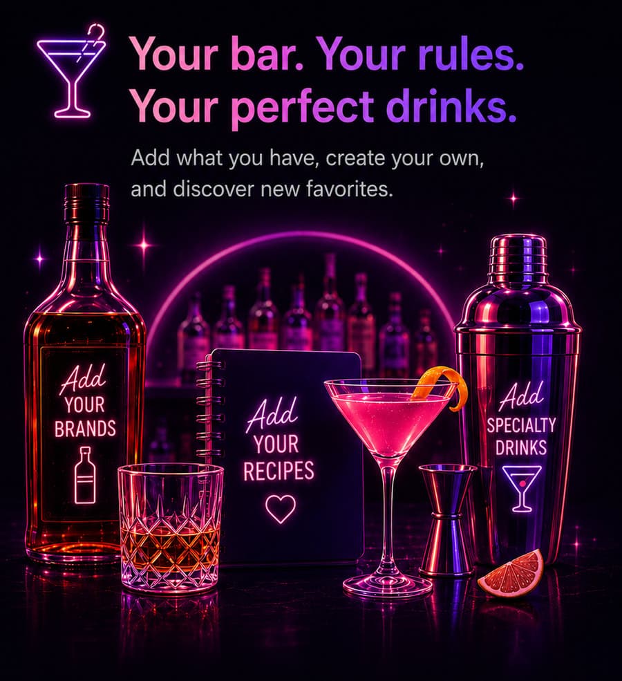 Liquid Candy artwork: a bottle, a recipe notebook and a shaker under neon, labeled add your brands, add your recipes, and add specialty drinks.